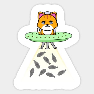 Funny orange Cat is flying a spaceship Sticker